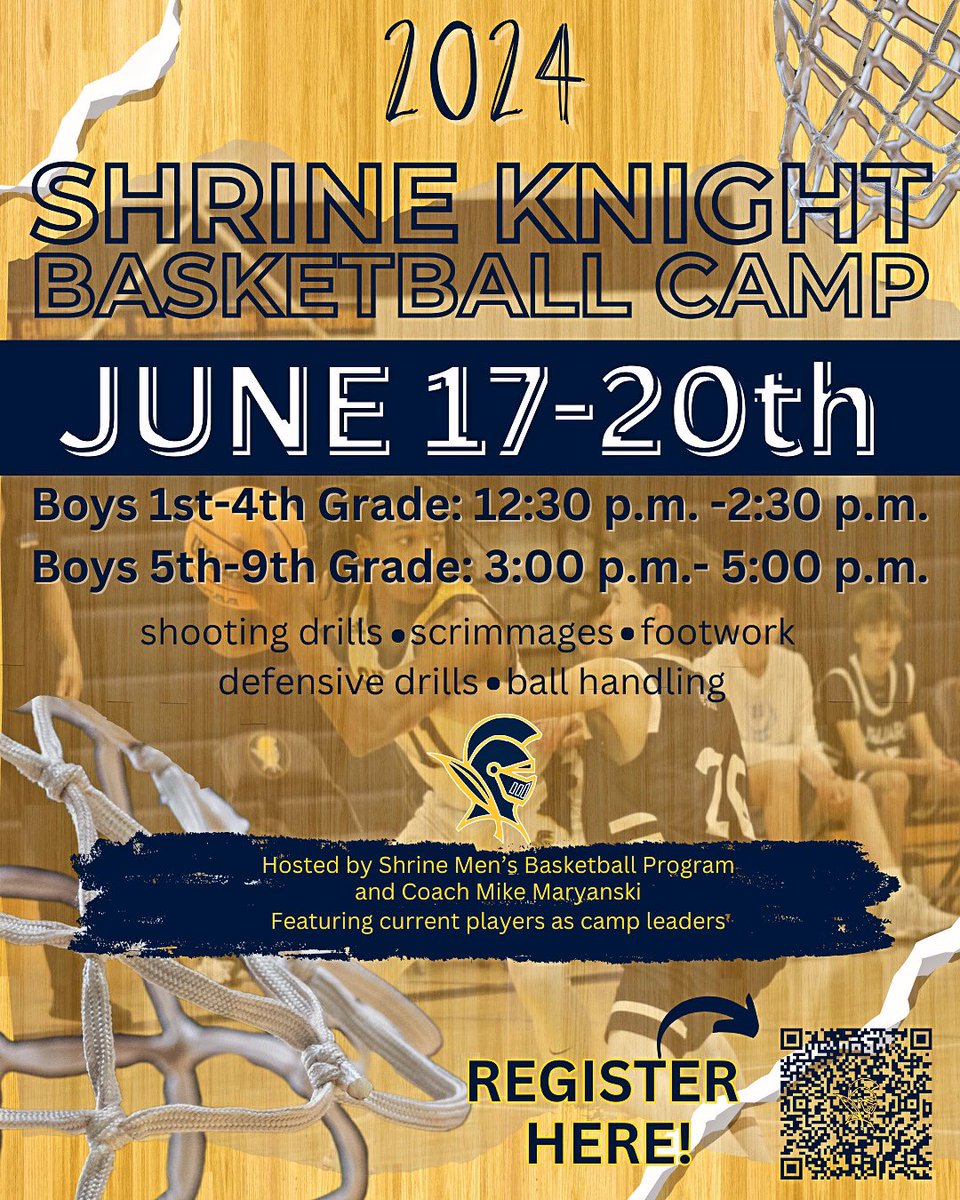 🏀🏀 Ready to kick off the summer with our camp!! Reminder to sign up….roster is looking strong! 💪🏻 Camp runs next week, M-Th! Build on your skills and set you on the path for a summer of improvement! Register through QR code or link in bio! #shrinehoops <a href="/CoachMaryanski/">CoachM</a>
