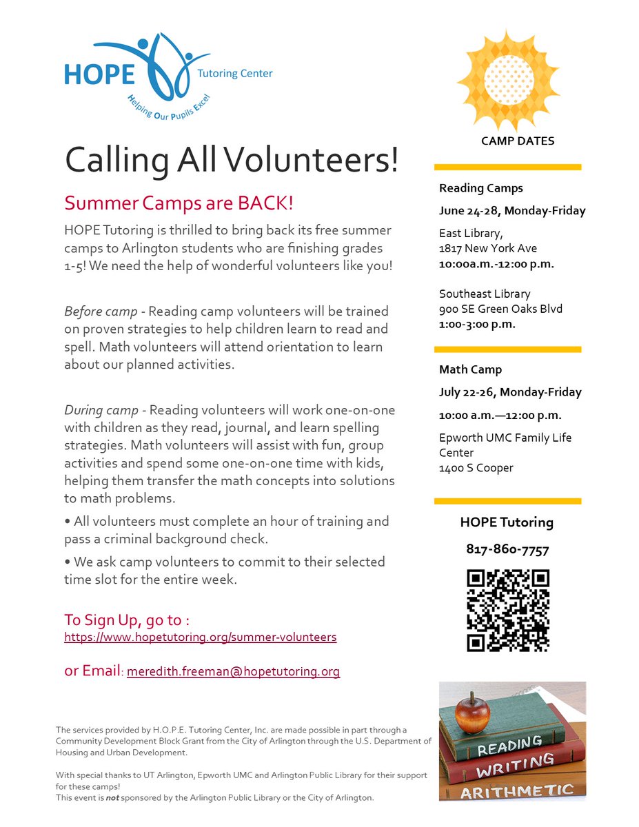 📚✨ Volunteer at HOPE Tutoring's Summer Reading Camp! ✨📚 
🗓️ Dates: June 24-28, 2024 
📍 Locations: 
Southeast Library: 1-3PM, 900 SE Green Oaks Blvd, Arlington
East Library: 10AM-12PM, 1817 New York Ave, Arlington 
Sign up: hopetutoring.org/summer-volunte…
#Mavericks #Volunteer