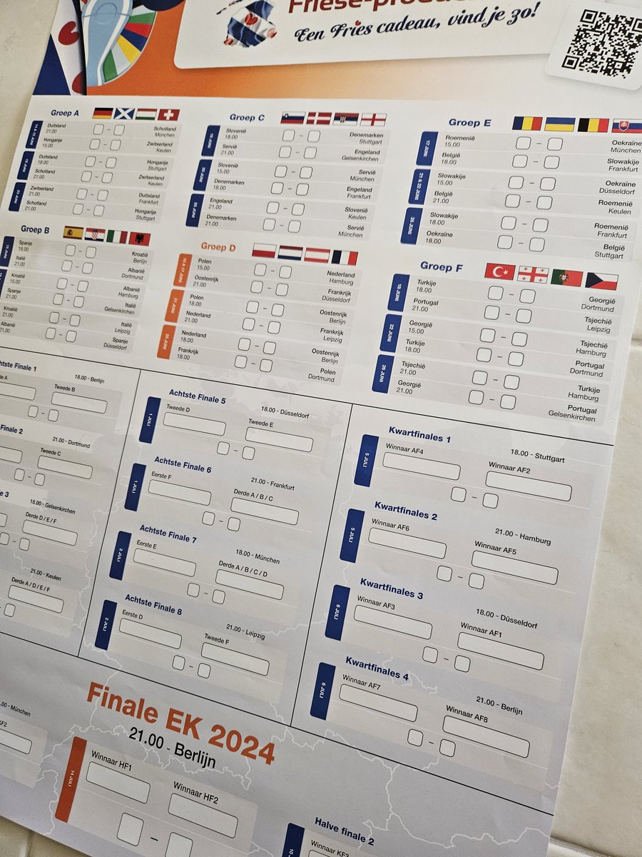 Heb jij 'm al? #Ek2024 speelschema op poster of in handig zakformaat.  Alle wedstrijden,  speelsteden,  tijden enz invullen.  Haal m #gratis op bij Friese-producten.nl  Snekertrekweg 37 Leeuwarden