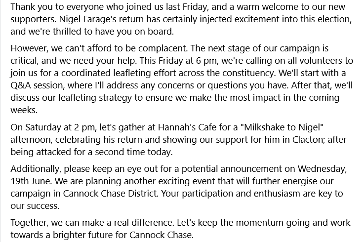 ReformUKCannock's tweet photo. Events in Cannock Chase District. Vote Reform
#ReformUK #cannockchase #NigelFarage #Election2024 #leafleting #QandASession #MilkshakeToNigel #future https://t.co/FdaVnz6MuC