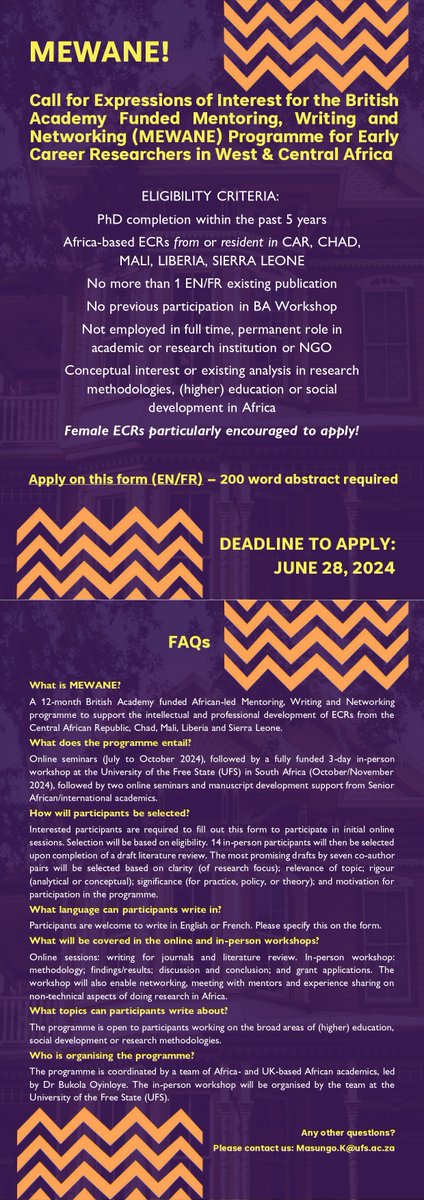HEHD_SA's tweet photo. The deadline for submission of abstracts for the British Academy Funded Mentoring, Writing and Networking (MEWANE) Program for Early Career Researchers in West &amp; Central Africa has been extended to June 28, 2024.
https://t.co/puMznoyVmd https://t.co/CRllbO4xUX