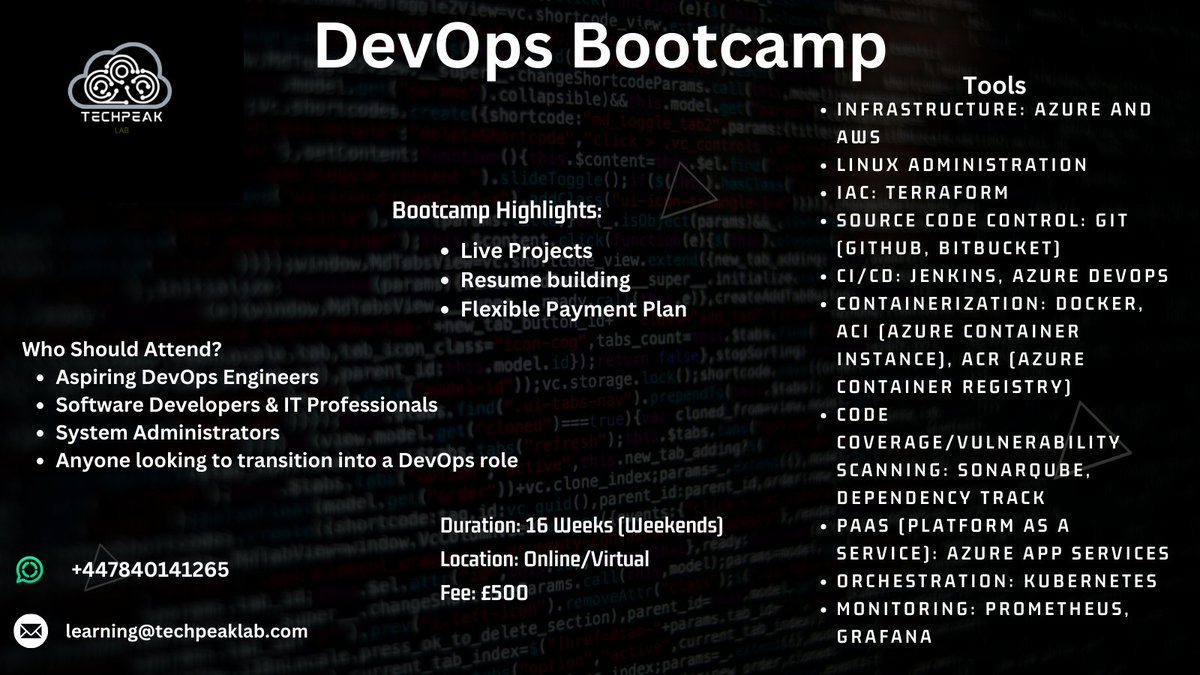 TechPeakLab's tweet image. Enroll in the Next DevOps Bootcamp Cohort Starting July 19, 2024. Reserve Your Spot Now!
Fee: £500
forms.office.com/r/ihFV2MfQcR