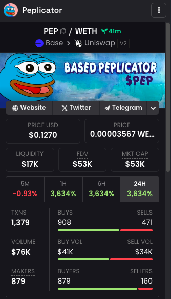 BasedPeplicator's tweet photo. $PEP now live on @base  

And you can see the chart on @dexscreener 

#MEMECOİNS #memeoftheday #MEMECOİN #PEPE #mattfurie #LANDWOLF #ANDY #BRETT #FORFAR
#BOYSCLUB https://t.co/zbALVAVW9P
