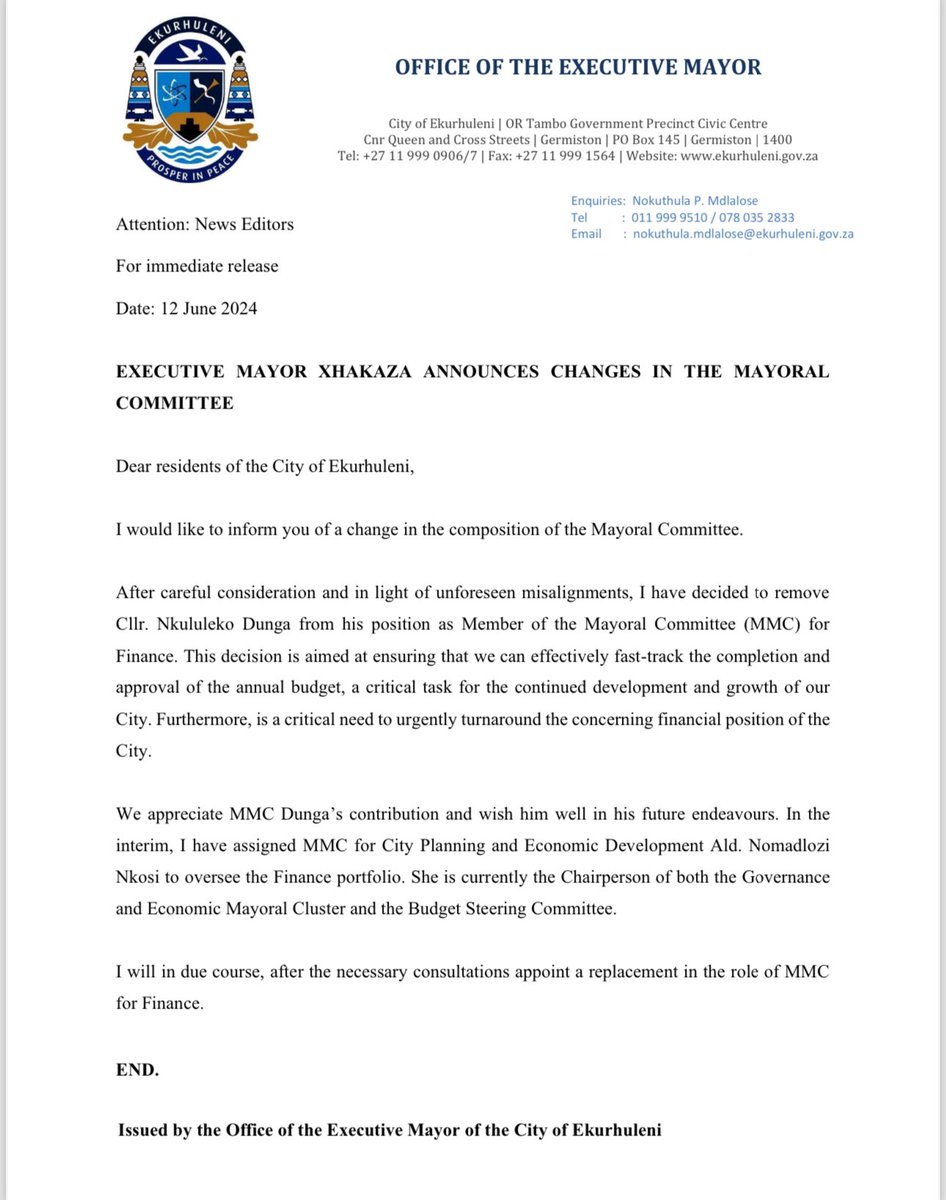 samkelemaseko's tweet photo. [JUST-IN] Ekhuruleni Mayor Doctor Xhakaza has fired EFF MMC of Finance Nkululeko Dunga , who is also the party’s provincial chairperson. #sabcnews https://t.co/RjhxtBreBJ