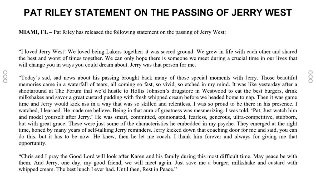 CBS4Sports's tweet photo. PAT RILEY STATEMENT ON THE PASSING OF JERRY WEST 

“I loved Jerry West! We loved being Lakers together; it was sacred ground. We grew in life with each other and shared 
the best and worst of times together." https://t.co/XtG5bAvhBq