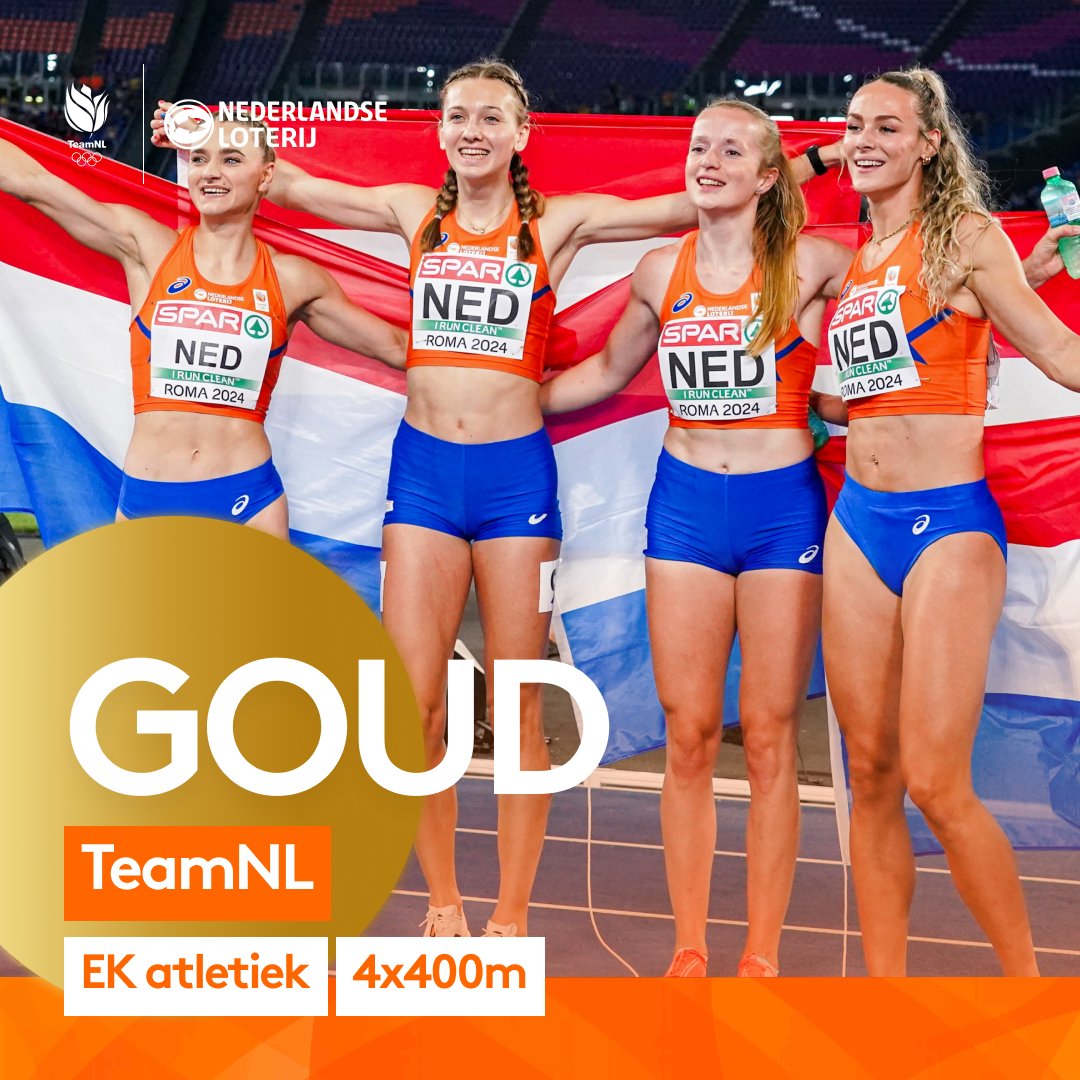 Goud, goud, goud! 😮

Een spannende slotfase maar dit schitterende viertal maakt het opnieuw waar in Rome! Europees goud voor onze 4x400 meter dames estafetteploeg🥇

#TeamNL