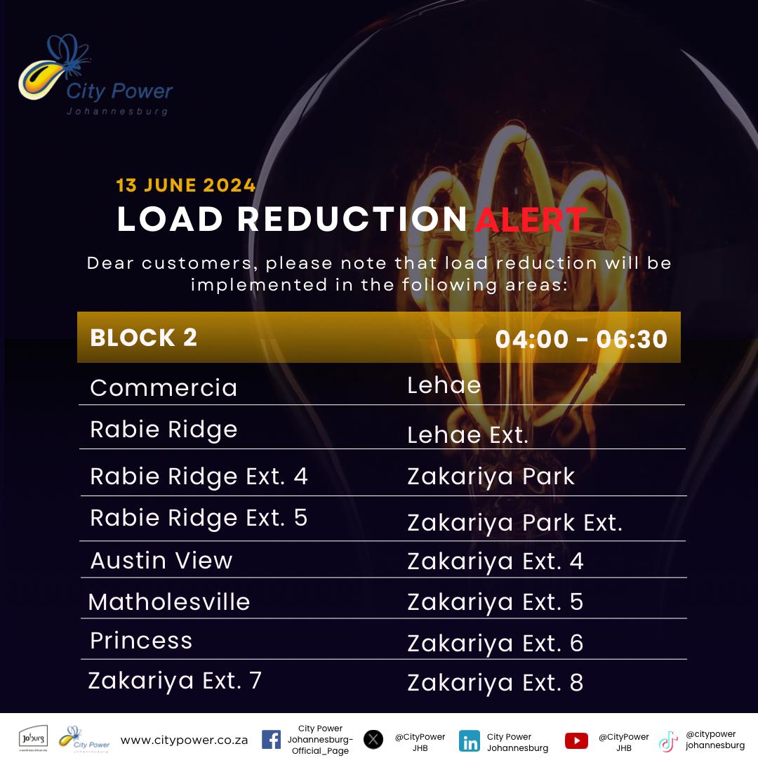 CityPowerJhb's tweet photo. #CityPowerUpdates
#LoadReduction
Morning Load Reduction Schedule 👇🏽
-Block 2 will be affected by load reduction from 04h00 until 06h30.
-Block 4 will be affected by load reduction from 06h00 until 08h30.
-Block 1 will be affected by load reduction from 08h00 until 10h30.
Evening Load Reduction Schedule👇🏽
-Block 3 will be affected by load reduction from 16h00 until 18h30.
-Block 5 will be affected by load reduction from 18h00 until 20h30.
-Block 6 will be affected by load reduction from 20h00 until 22h30.
To download the load reduction schedule and blocks please visit our website 👉https://t.co/QmgpYj9Mp1 ^TM