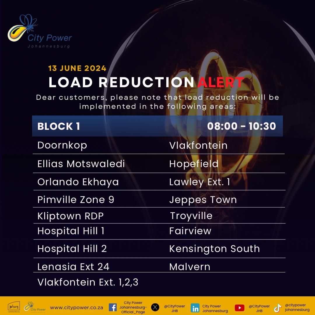 CityPowerJhb's tweet photo. #CityPowerUpdates
#LoadReduction
Morning Load Reduction Schedule 👇🏽
-Block 2 will be affected by load reduction from 04h00 until 06h30.
-Block 4 will be affected by load reduction from 06h00 until 08h30.
-Block 1 will be affected by load reduction from 08h00 until 10h30.
Evening Load Reduction Schedule👇🏽
-Block 3 will be affected by load reduction from 16h00 until 18h30.
-Block 5 will be affected by load reduction from 18h00 until 20h30.
-Block 6 will be affected by load reduction from 20h00 until 22h30.
To download the load reduction schedule and blocks please visit our website 👉https://t.co/QmgpYj9Mp1 ^TM