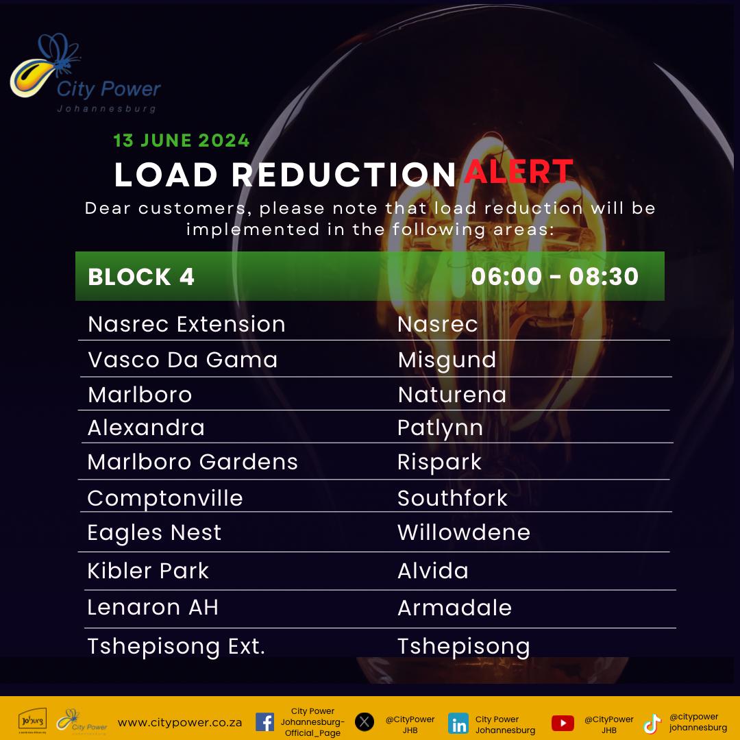 CityPowerJhb's tweet photo. #CityPowerUpdates
#LoadReduction
Morning Load Reduction Schedule 👇🏽
-Block 2 will be affected by load reduction from 04h00 until 06h30.
-Block 4 will be affected by load reduction from 06h00 until 08h30.
-Block 1 will be affected by load reduction from 08h00 until 10h30.
Evening Load Reduction Schedule👇🏽
-Block 3 will be affected by load reduction from 16h00 until 18h30.
-Block 5 will be affected by load reduction from 18h00 until 20h30.
-Block 6 will be affected by load reduction from 20h00 until 22h30.
To download the load reduction schedule and blocks please visit our website 👉https://t.co/QmgpYj9Mp1 ^TM