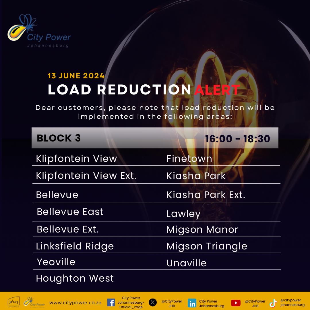 CityPowerJhb's tweet photo. #CityPowerUpdates
#LoadReduction
Morning Load Reduction Schedule 👇🏽
-Block 2 will be affected by load reduction from 04h00 until 06h30.
-Block 4 will be affected by load reduction from 06h00 until 08h30.
-Block 1 will be affected by load reduction from 08h00 until 10h30.
Evening Load Reduction Schedule👇🏽
-Block 3 will be affected by load reduction from 16h00 until 18h30.
-Block 5 will be affected by load reduction from 18h00 until 20h30.
-Block 6 will be affected by load reduction from 20h00 until 22h30.
To download the load reduction schedule and blocks please visit our website 👉https://t.co/QmgpYj9Mp1 ^TM