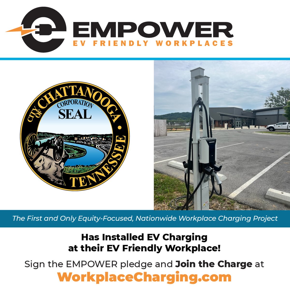 ⚡Congratulations to City of Chattanooga for installing workplace charging! This includes 6 Level 2 ports at their City Hall parking lot downtown, and two L2 ports at their East Lake location.⚡
 
🔌Join the Charge at workplacecharging.com 🔌