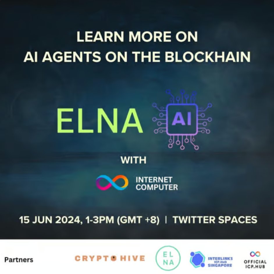icphub_SG's tweet photo. Get ready for Week #2 Twitter Space with ELNA A.I : Unlock the Power of Decentralized Innovation with AI🚀

📅 Date: June 15th, 2024
🕒 Time: 1:00 PM - 3:00 PM GMT+8
📌 Twitter Space: https://t.co/lAZJsRhzRf

🎉 Win your share of 10,000 ELNA tokens!  
🎯 Complete Zealy tasks: https://t.co/EtXG5CQYhY
🔗 App.blocked tasks: https://t.co/0DQHs6M46u

💬 $100 for Q&A – $10 per question!  
🎟️ $50 Lucky Draw for ICP & ELNA enthusiasts with lots of posts!  
🔄 $50 Lucky Draw for retweets + tagging 3 friends & following @icphubSG , @ICP_Malaysia & @elna_live

🎤 Hosted by @cryptohiveacad

#ICP #ElnaAI #Giveaways #GA