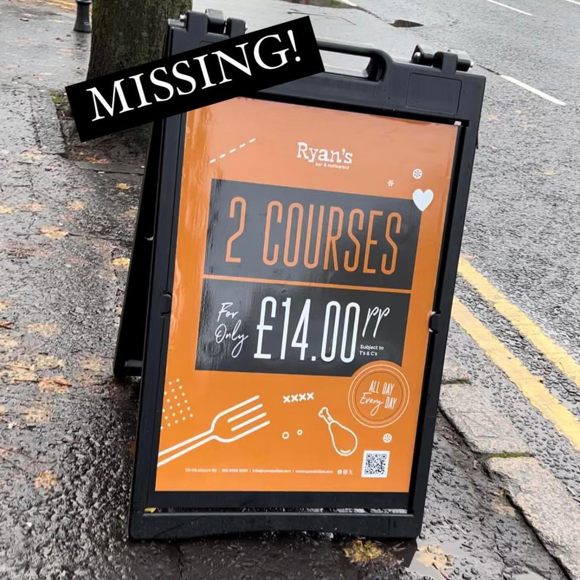 RyansBelfast's tweet photo. HAVE YOU SEEN THIS SIGN?

MISSING!

Our beloved A-Board has randomly disappeared…

It went walkies the night of the Farmers Bash at Belsonic. We’re not saying there’s a link but…. 🤷🏻‍♂️

Couple of pints in it if you can guarantee it’s safe return… https://t.co/pmYBVWcA97