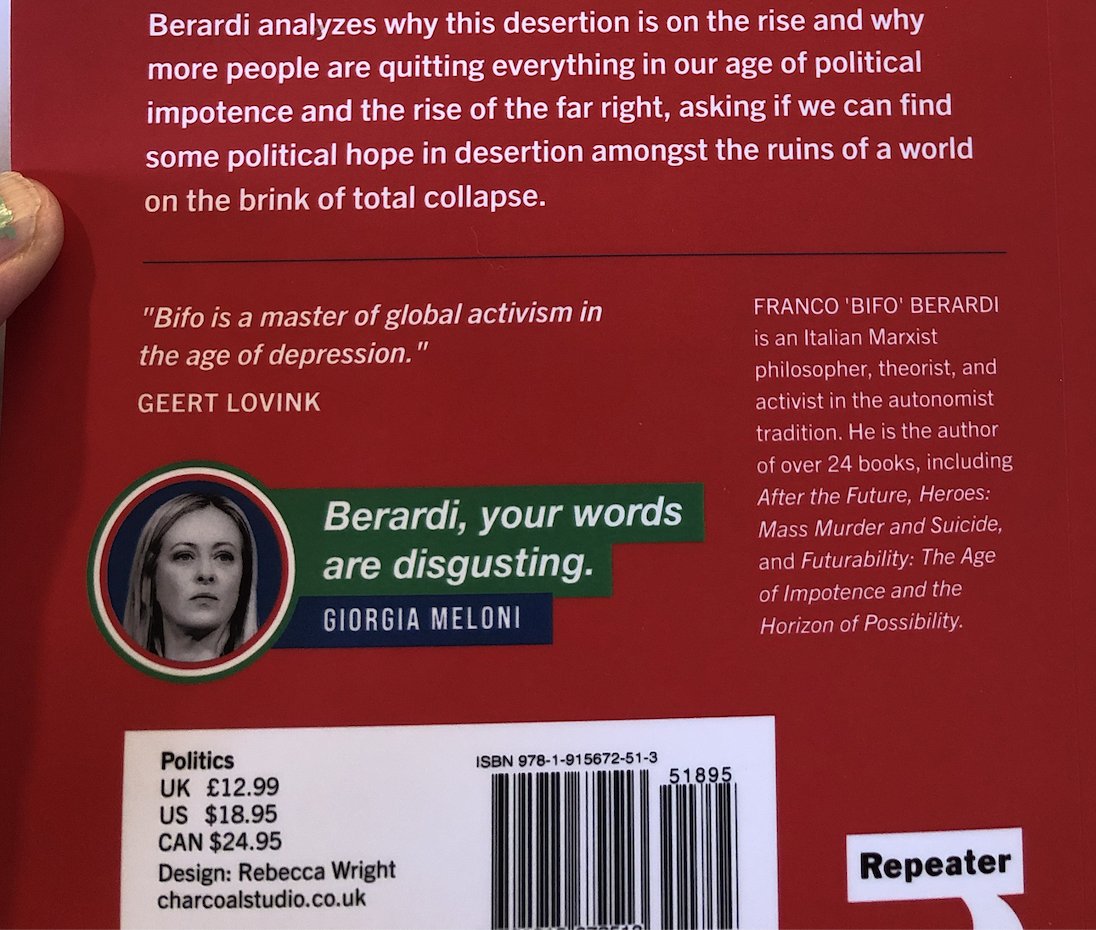 GroundedFutures's tweet photo. thank you @RepeaterBooks for the new Bifo book, Quit Everything! it's a necessary read right now! 

PS:  we can't love this endorsement enough!  #goals https://t.co/wSTL2H5HnW