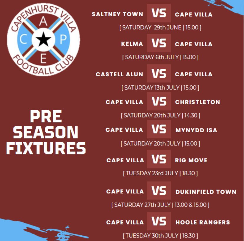 Cape preseason fixtures confirmed. 
Training starts Wednesday 19th June at 18.30 and then following week every Tuesday &amp; Thursday night up at the club. Everyone welcome