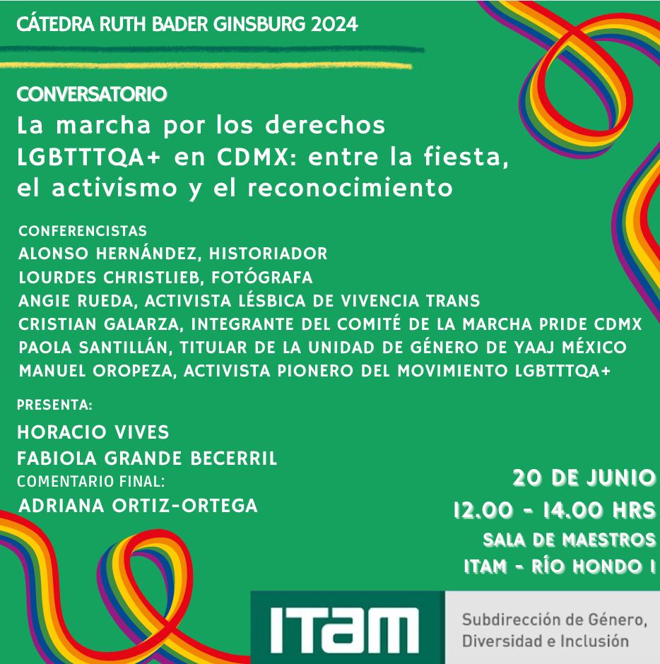 Horacio Vives Segl (@hvivessegl) on Twitter photo 🏳️🌈🏳️⚧️#AGENDAR🏳️⚧️🏳️🌈
Conferencia #RGB Junio 2024
<a href="/DAE_ITAM/">Asuntos Estudiantiles ITAM</a> <a href="/ITAM_mx/">ITAM</a>
🗓️Jueves 20/J
⏰12h
📍Sala de Maestros
Un conversatorio #Imperdible sobre la historia de la marcha del orgullo LGBT+ en CDMX
<a href="/MiguelAlonsoHe8/">Miguel Alonso Hernández Victoria</a> <a href="/LChristlieb/">Lourdes Christlieb</a> <a href="/angietransles/">Angie Rueda Castillo</a> <a href="/paosantillanmx/">Paola</a> <a href="/YaajMexico/">Yaaj México®</a> <a href="/ManuelOropezaF1/">Manuel Oropeza Flores</a> 🏳️🌈🏳️⚧️#AGENDAR🏳️⚧️🏳️🌈
Conferencia #RGB Junio 2024
<a href="/DAE_ITAM/">Asuntos Estudiantiles ITAM</a> <a href="/ITAM_mx/">ITAM</a>
🗓️Jueves 20/J
⏰12h
📍Sala de Maestros
Un conversatorio #Imperdible sobre la historia de la marcha del orgullo LGBT+ en CDMX
<a href="/MiguelAlonsoHe8/">Miguel Alonso Hernández Victoria</a> <a href="/LChristlieb/">Lourdes Christlieb</a> <a href="/angietransles/">Angie Rueda Castillo</a> <a href="/paosantillanmx/">Paola</a> <a href="/YaajMexico/">Yaaj México®</a> <a href="/ManuelOropezaF1/">Manuel Oropeza Flores</a>