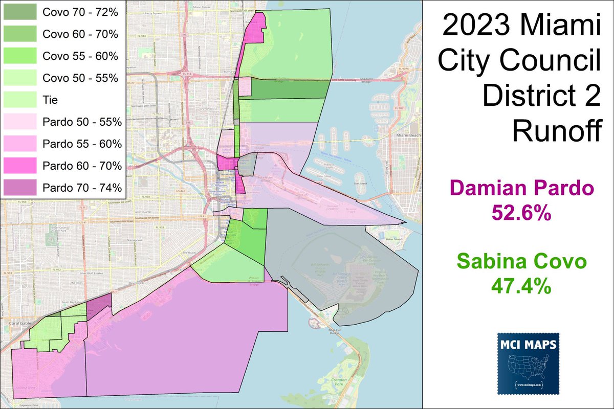 MappingFL's tweet photo. Day 12 #MappingPride🌈
In 2023, Miami elected its first openly gay commissioner when Damian Pardo ousted incumbent Sabina Covo
This race was in the city’s coastal seat, which had large white and Hispanic populations https://t.co/YYbDT2Kr9b