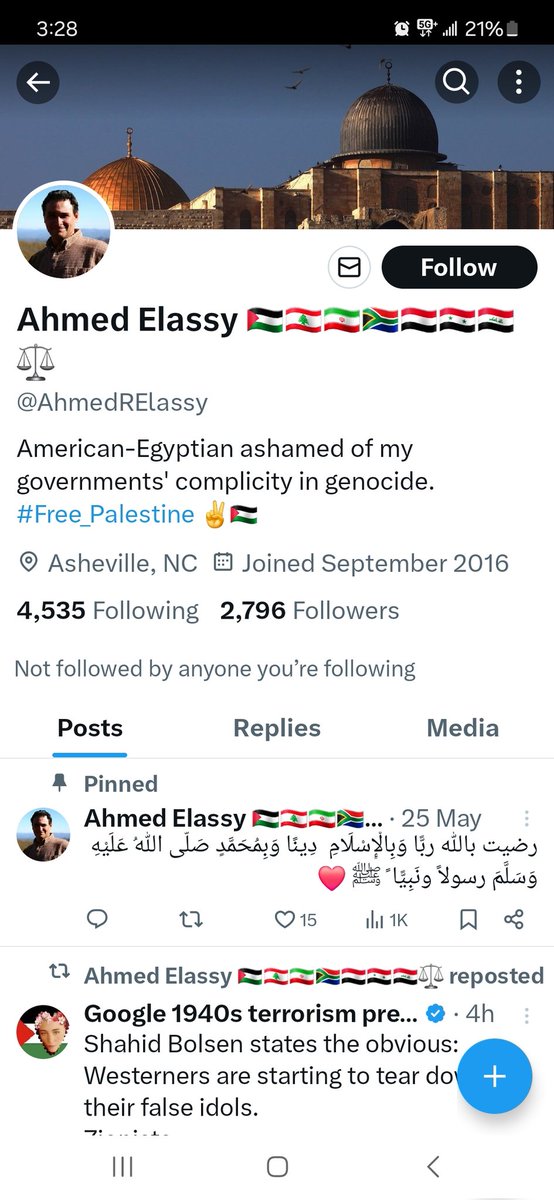 jina_huh's tweet photo. @NINGYUNAS Good afternoon, @CityofAsheville:

I hope that Ahmed Elassy isn't hating on Jews and Israelis in real life. 🚩

#protectAmerica 💙🇺🇲
#respectJews ✡️
#respectIsraelis 🇮🇱

Cc @AshevillePolice https://t.co/BEL3Qrx6Mn
