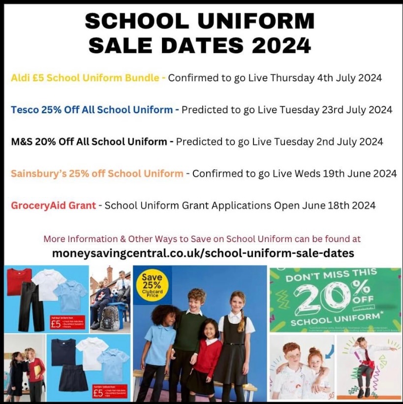 Please find below dates that   reduced deals and offers for school uniforms go live at various different retailers. 
moneysavingcentral.co.uk/school-uniform…
<a href="/BoclairAcademy/">Boclair Academy</a>