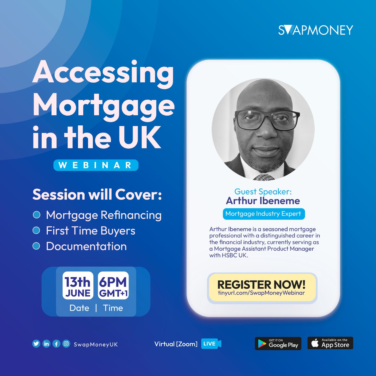 SwapMoneyUK's tweet photo. Join us for another empowering webinar today at 6pm BST on "Accessing Mortgage in the UK " Register to attend
#SwapmoneyUk  #Empowerment https://t.co/qnNUOjlZLd