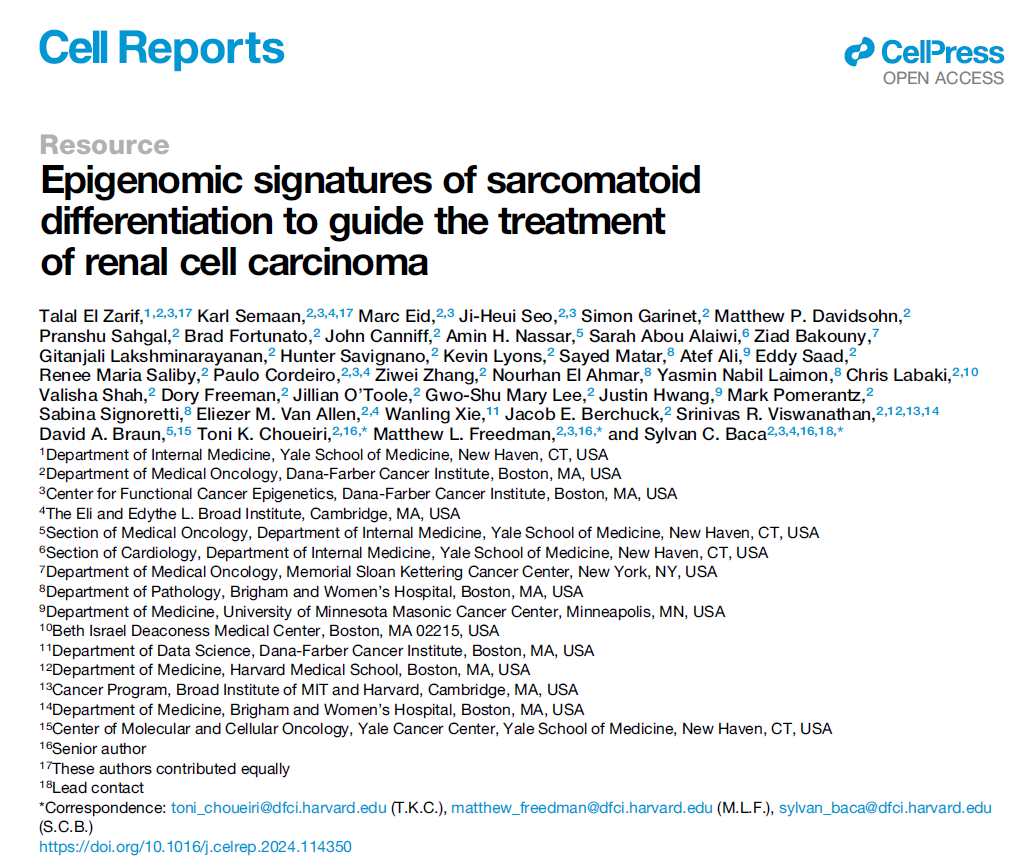 DrChoueiri's tweet photo. PUBLICATION ALERT: Work on sarcomatoid RCC led by @TalalZarif1 (now @YaleIMed), @KarlSemaan/@marc_eid (@DanaFarber_GU) + super mentors #MattFreedman @SylvanBacaLab is now online in @CellReports

Wait for full tweetorial soon! 

#teamwork @VanAllenLab @BraunMDPhD @LabSignoretti @srviswanathan  et al.

Building on @ZiadBakouny (now @MSKCancerCenter + @VanAllenLab work: https://t.co/7adomGFPWF)

@OncoAlert