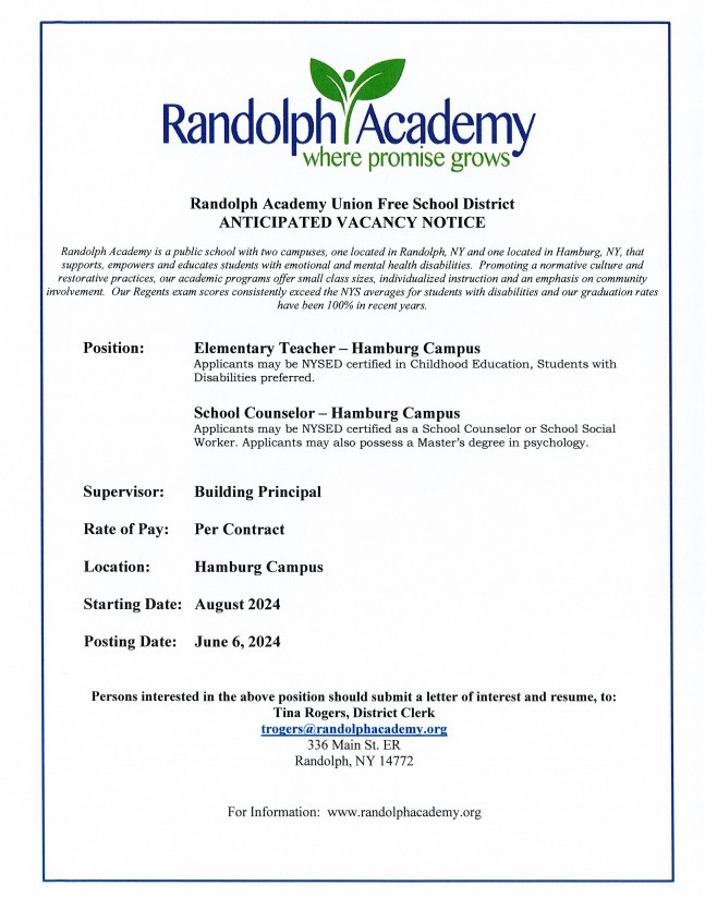 NOW HIRING! Our Hamburg Campus seeks an Elementary Teacher, School Counselor &amp; Teacher Aides, and our Randolph Campus needs Teacher Aides. Start date is the 2024-25 school year. Come join our amazing family of educators &amp; child advocates! #elementaryteacher #schoolcounselor