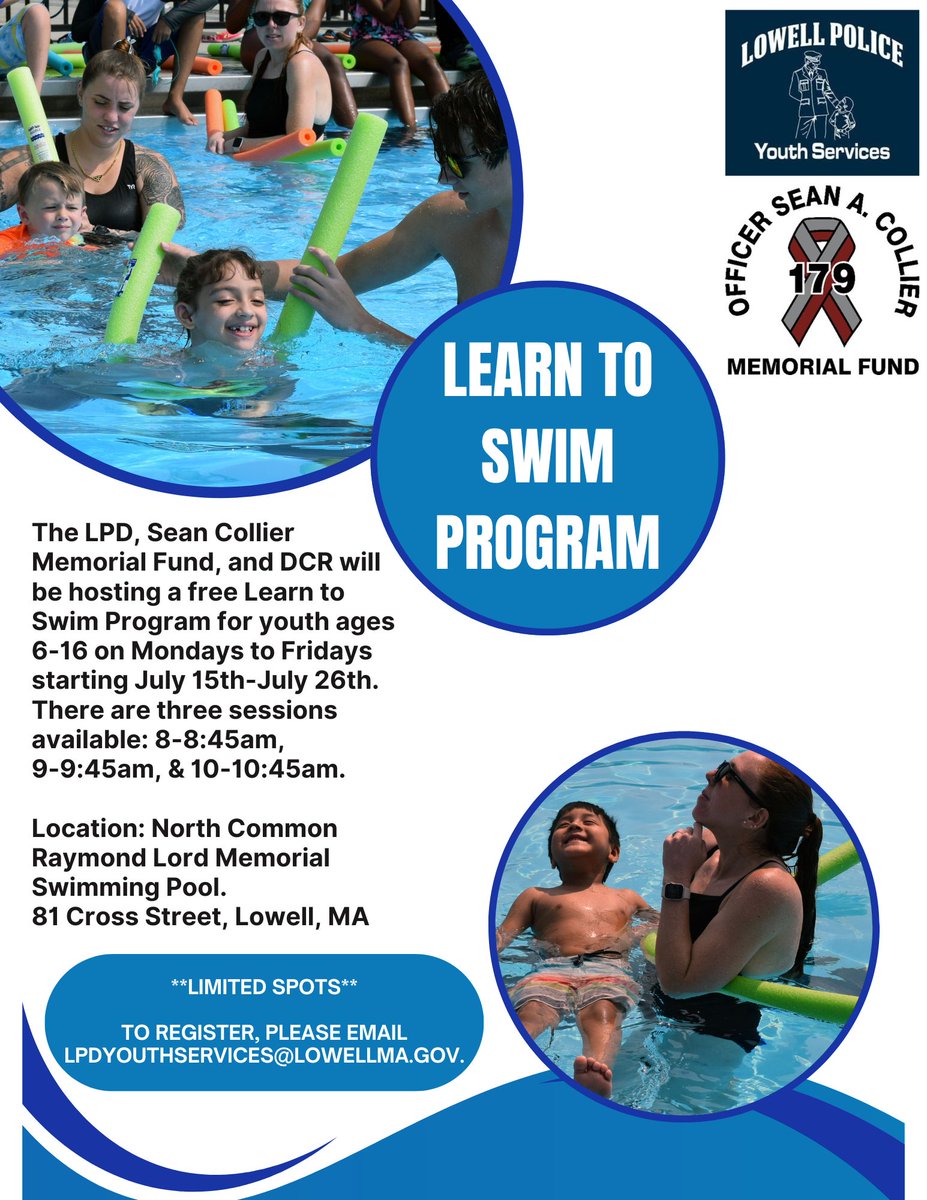 LowellPD's tweet photo. Summer is here and registration for the Learn to Swim Program is now open! 🏊☀️

The Learn to Swim Program is open to Lowell residents between the ages of 6 and 16. To register your child for swim lessons, please email lpdyouthservices@lowellma.gov. 

LPD6 https://t.co/amTZ9IrA7z