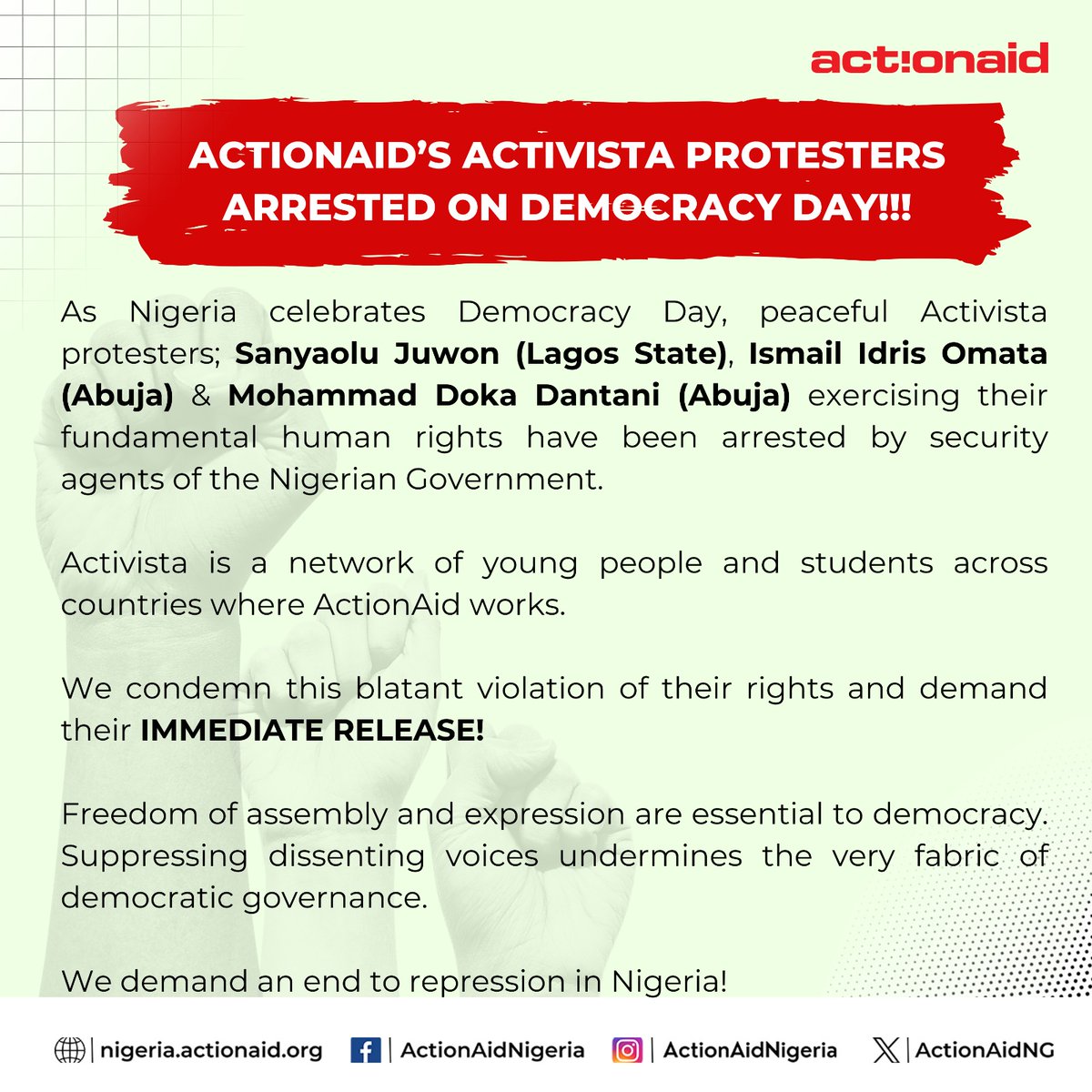 josphineadokwu's tweet photo. Celebrating 25 years of unbroken democracy yet the masses cannot boast of freedom of expression, a fundamental principle of democracy @OfficialDSSNG #FreeTheActivista3 #FreeJuwonNow #ProtestIsNotaCrime #DemocracyDay #June12Protests #HungerFree https://t.co/7z84ACUQaA