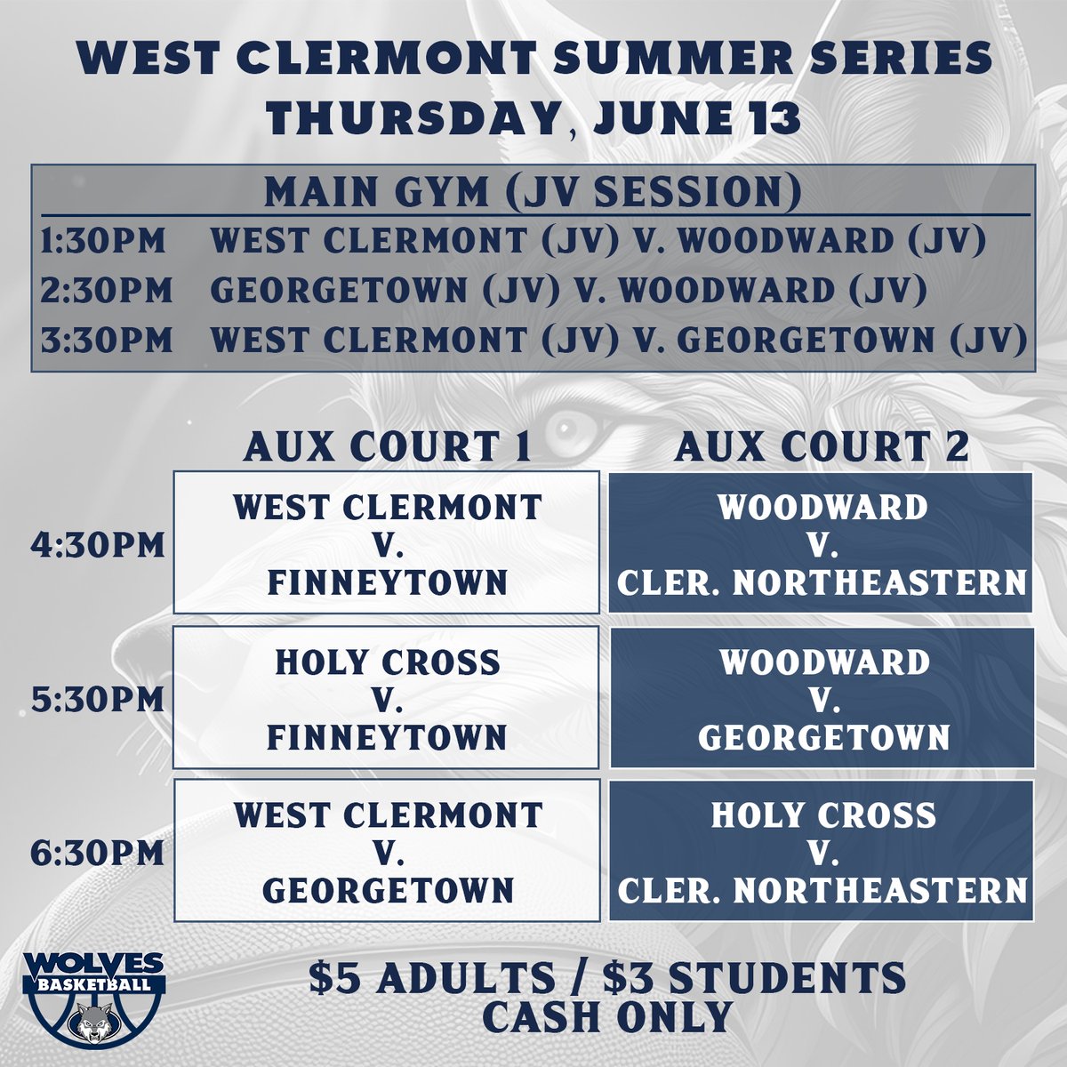 WCHSBoysHoops's tweet photo. Our Final Games of the West Clermont Summer Series tips off tomorrow evening with a great set of games. JV games will start it off in the main gym and varsity will follow in the Aux Gym. Come out and support your Wolves!

#wolfmentality #stayhungry https://t.co/aodTJqPNYD