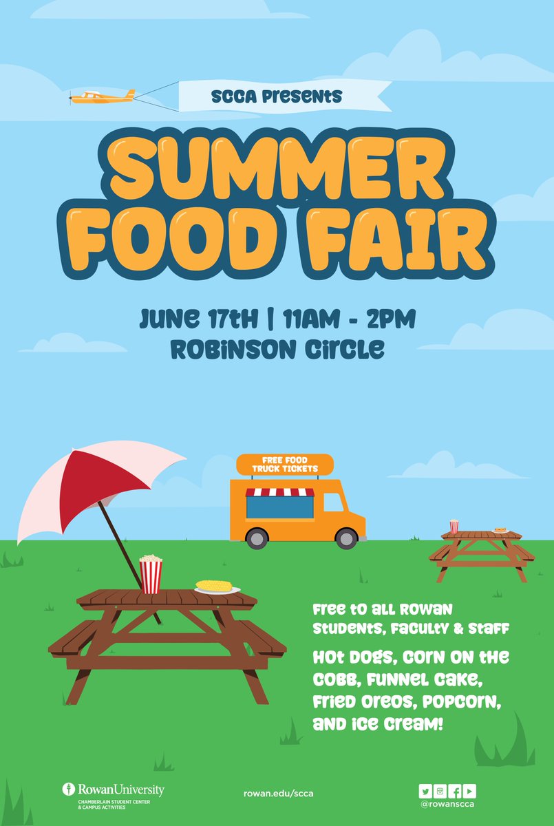 Join us THIS Mon., 6/17 from 11am-2pm on Robinson Circle for our annual Summer Food Fair! This year's event will feature fun in the sun with FREE food, fun, &amp; games - as well as a final send-off to our Centennial celebration.

📷 For full event details: rowan.campuslabs.com/engage/event/1…