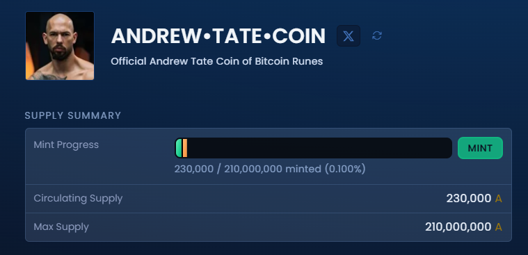 andrewtatebtc's tweet photo. Mint for ANDREW•TATE•COIN is now officially open

210M Supply

Lets blow this out of the water!

https://t.co/bwx8ozF1mv https://t.co/IexAVwYWHN