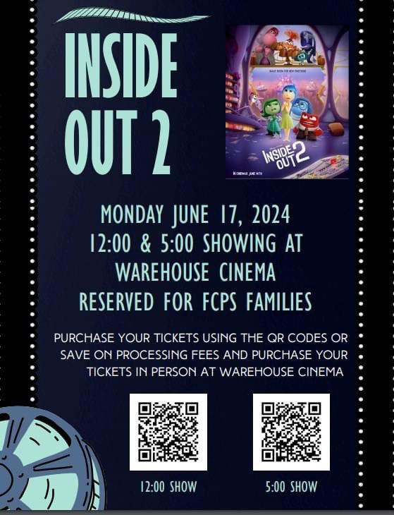 VanessaToner's tweet photo. Join FCPS Sp Ed families for a Reserved Screening of Inside Out 2 on June 17 at Warehouse Cinemas. Tickets can be purchased using the QR Codes or in person at Warehouse Cinemas. 
* For FCPS Special Education families only. https://t.co/RJCwRqYAcb