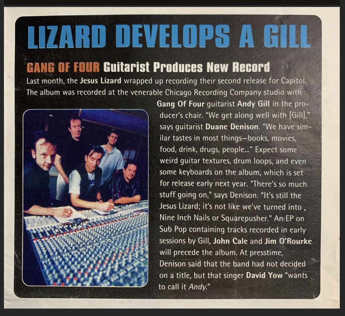 andygillmusic (@andygillmusic) on Twitter photo Great to see <a href="/thejesuslizard/">the Jesus Lizard</a> announce their new album, ‘Rack’, their first since Andy produced ‘Blue’ in 1998 !
First single ‘Hide & Seek’ shows they’ve lost none of their urgency youtu.be/_Zx-vUlFXEk?si…
Read about Andy’s work with The Jesus Lizard - andygillmusic.com/discography/th… Great to see <a href="/thejesuslizard/">the Jesus Lizard</a> announce their new album, ‘Rack’, their first since Andy produced ‘Blue’ in 1998 !
First single ‘Hide & Seek’ shows they’ve lost none of their urgency youtu.be/_Zx-vUlFXEk?si…
Read about Andy’s work with The Jesus Lizard - andygillmusic.com/discography/th…