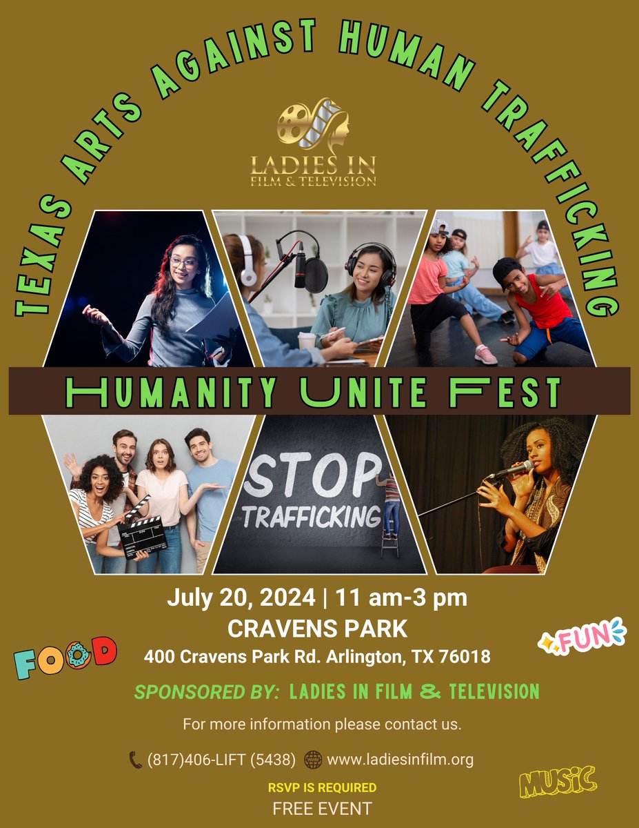 🌟 Join us for Humanity Unite Fest! 🌟
📍 Craven Park, 400 Cravens Park Dr, Arlington, TX
💡Ladies in Film &amp; Television invites you to a day of community fun with nonprofits, food, music, and activities! 🍔
Contact: business@ladiesinfilm.com or 817-406-5438.

#HumanityUnite #Mavs