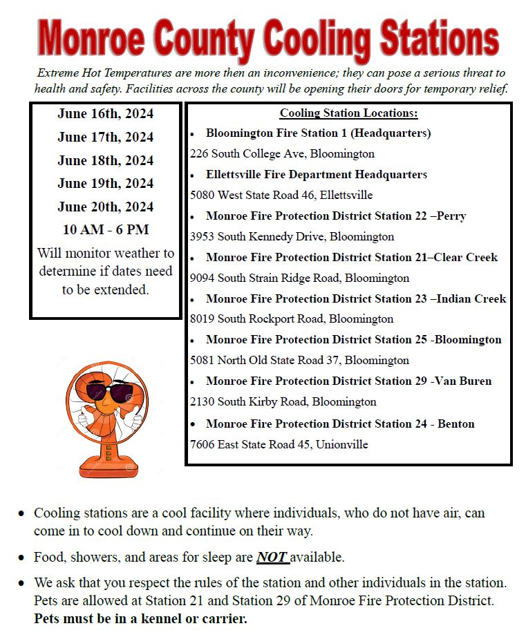 Monroe Cooling Stations Opening

Dates Open: Sunday, June 16h to Thursday, June 20th

Time: 10:00 AM to 6:00 PM each day

Map of Cooling Stations:
gisserver.co.monroe.in.us/portal/apps/in…