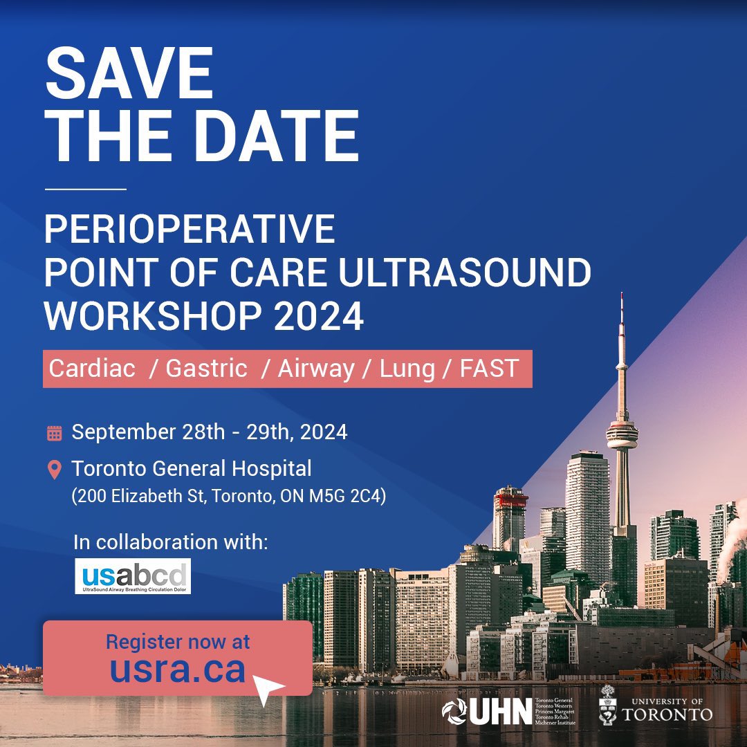 Pablo Perez d’Empaire, MD, FRCPC, FCCM, FASE (@pperezde) on Twitter photo Join us for the Toronto Perioperative #POCUS Workshop
Sep 28 & 29 <a href="/UHN/">University Health Network</a> Toronto General Hospital
More info here usra.ca/meetings/periw…
#GrabTheProbe #SoundsThatSaveLives Join us for the Toronto Perioperative #POCUS Workshop
Sep 28 & 29 <a href="/UHN/">University Health Network</a> Toronto General Hospital
More info here usra.ca/meetings/periw…
#GrabTheProbe #SoundsThatSaveLives