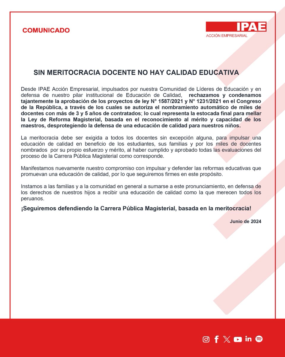 Comunicado | Desde IPAE Acción Empresarial, expresamos nuestra preocupación ante iniciativas legislativas que atentan contra la meritocracia en el sistema educativo, afectando el futuro de los estudiantes peruanos.
👉 bit.ly/3yZprfo