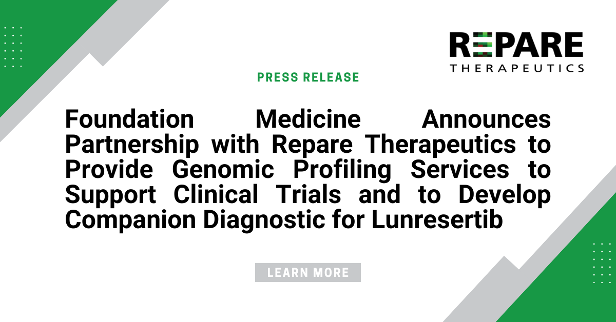 RepareRx's tweet photo. We are collaborating with @FoundationATCG to deliver genomic profiling to patients in our lunresertib clinical trials and beyond. We are thrilled to take this next step with potential to develop a companion diagnostic and expand access to clinical trial sites for lunresertib. https://t.co/TjIf2bsG4g