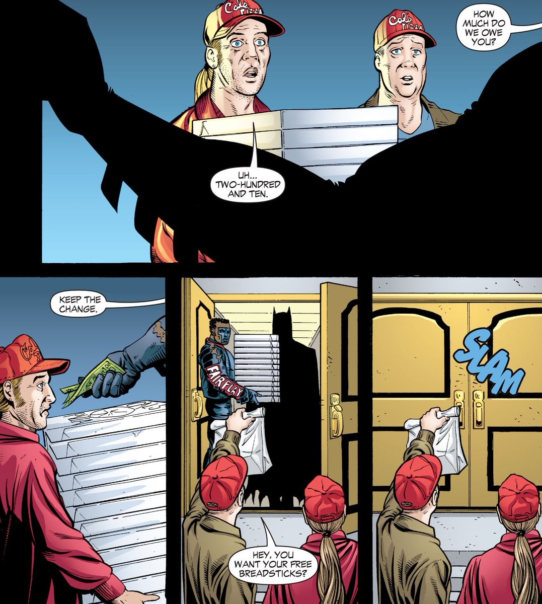 Imagine being your 20th pizza delivery of the night and Batman &amp; Mr.Terrific answer the door.