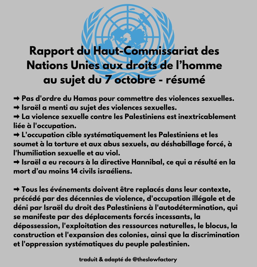 bdsgeneve's tweet photo. Aujourd’hui, le Haut-Commissariat des Nations Unies aux droits de l’homme a publié un rapport détaillé au sujet des événements du 7 octobre, confirmant les témoignages des palestiniens et montrant l’ampleur de la propagande sioniste. #un #palestine
https://t.co/vlOw2yzMAc https://t.co/Azv6TSSYAX