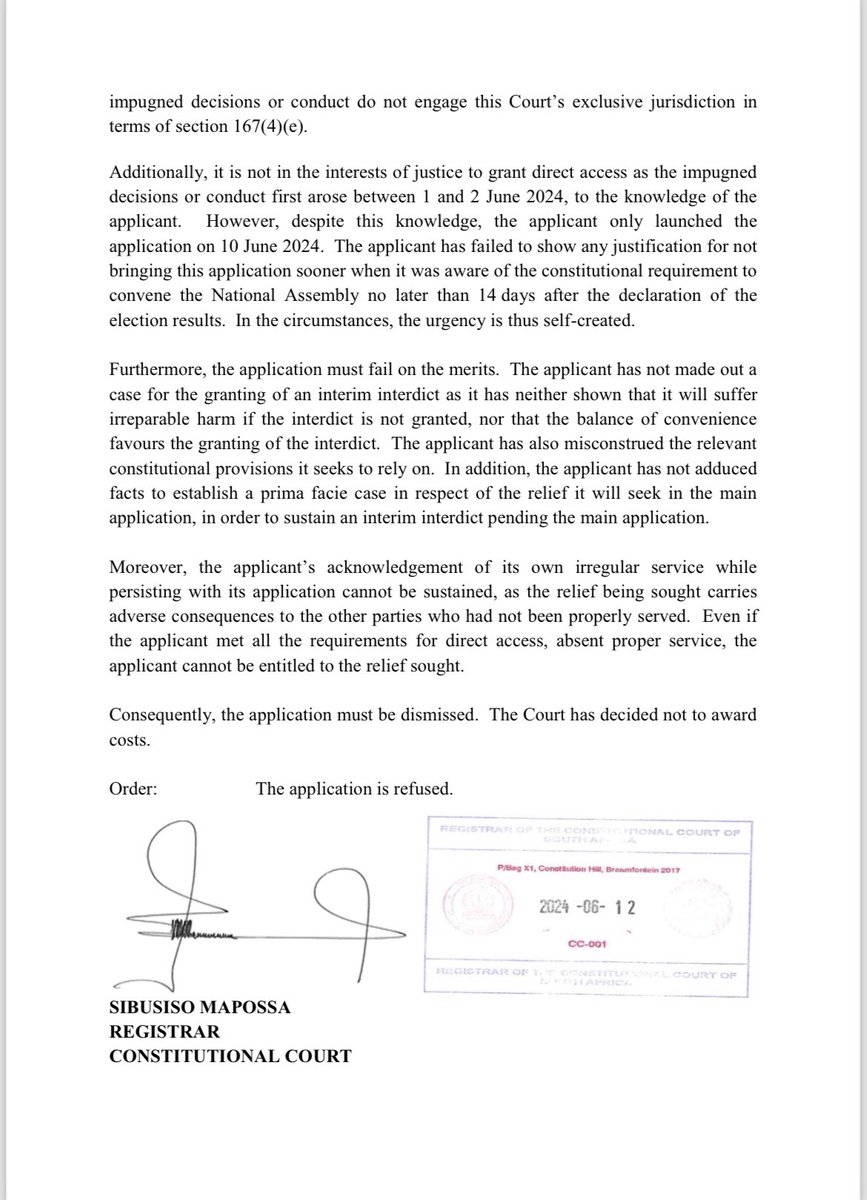 MbekezeliMB's tweet photo. The Constitutional Court has dismissed uMkhonto Wesizwe’s application for an interdict against the first sitting of Parliament on Friday.

The Court says the case  dents engages its exclusive jurisdiction, the MKP misconstrues section 46, and the application was brought late. https://t.co/JdfPLr66od