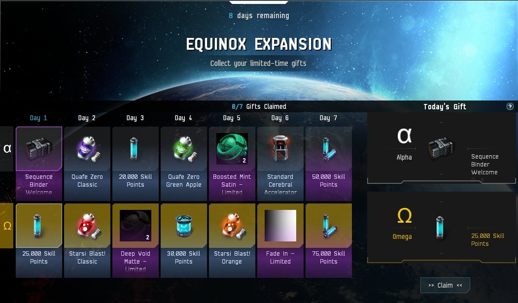 Check out the latest Equinox expansion as an Omega, with 7 days free in the New Eden Store!

Those who log in from now until the 20th will also receive some awesome SKINR supplies, boosters, and SP for those new skills!

#Tweetfleet #EVEOnline