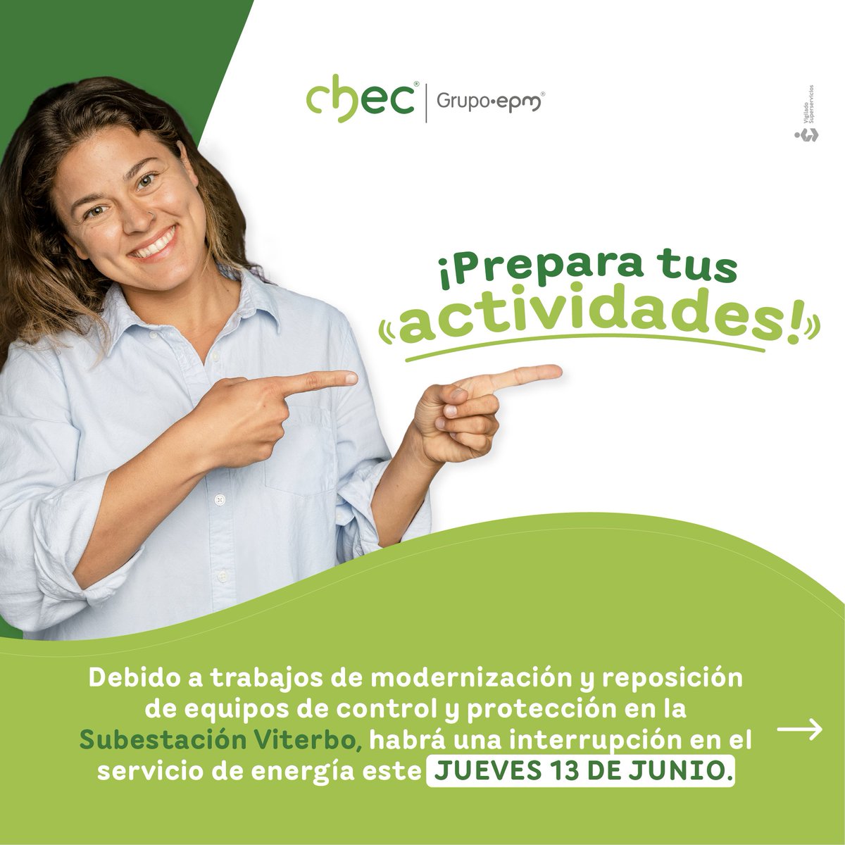 CHECGrupoEPM's tweet image. ¡Interrupción programada en Viterbo este jueves 13 de junio! 📢

Informamos a nuestra comunidad que producto de estos trabajos, también podrían ocurrir interrupciones no programadas, que atenderemos con la mayor brevedad posible.

#CHEC #InterrupciónProgramada #Viterbo