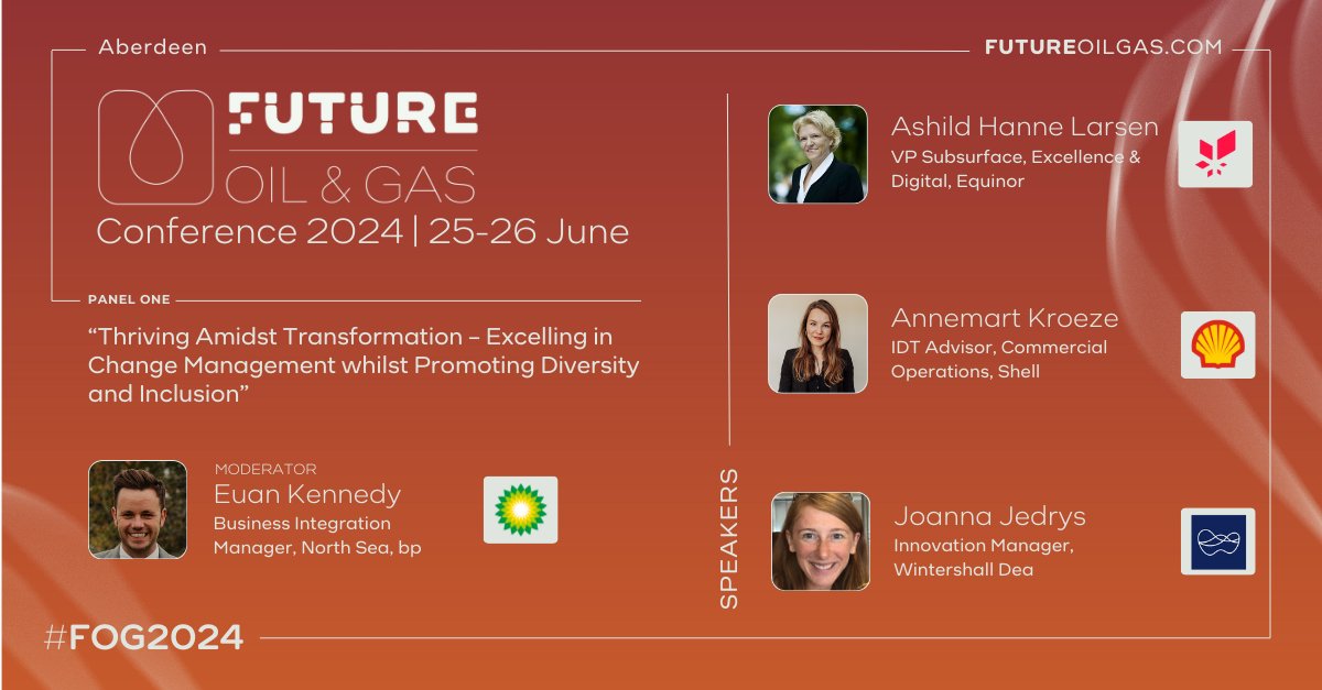 FutureOilGas's tweet photo. 🌟 We're thrilled to announce Panel Four at the Future Oil & Gas Conference in Aberdeen: "Thriving Amidst Transformation – Excelling in Change Management whilst Promoting Diversity and Inclusion." Join industry leaders 25-26 June as they explore the strategies for navigating the evolving energy landscape, fostering inclusive work environments and driving impactful change.

The panel will be moderated by Euan Kennedy, Business Integration Manager, North Sea, @bp_plc who will be joined by the following industry experts:

🎙️ @AshildHanne, VP Subsurface, Excellence & Digital, @Equinor
🎙️ Annemart Kroeze, IDT Advisor, Commercial Operations, @Shell
🎙️ Joanna Jedrys, Innovation Manager, @wintershalldea

Don't miss this opportunity to gain insights from the forefront of innovation and inclusivity. See you at #FOG2024! Register today: https://t.co/kgEIi6oU6z

#DEI #diversity #energy