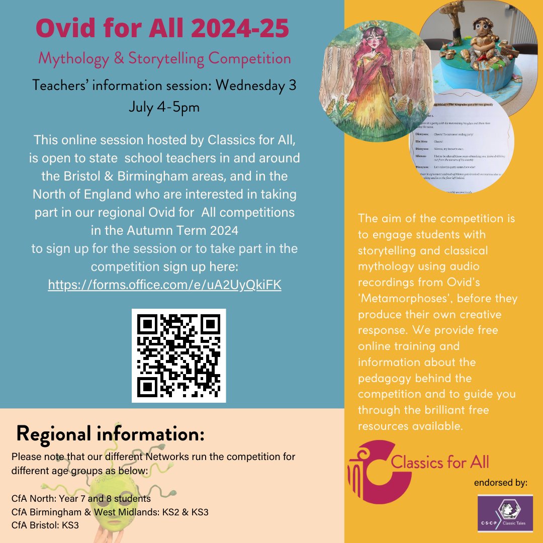 Classics for All North (@classicsnorth) on Twitter photo Great opportunity for English teachers KS3 to join us for our Ovid for All myth and storytelling competition.  Sign up for info session or to express interest forms.office.com/e/uA2UyQkiFK full details below but competition is available in the North, Birmingham and Bristol areas Great opportunity for English teachers KS3 to join us for our Ovid for All myth and storytelling competition.  Sign up for info session or to express interest forms.office.com/e/uA2UyQkiFK full details below but competition is available in the North, Birmingham and Bristol areas