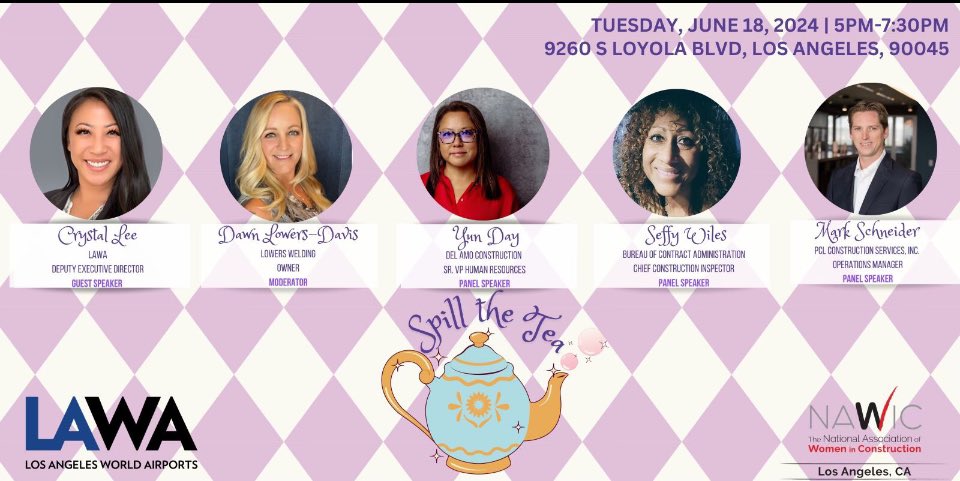 NawicLA's tweet photo. We are thrilled to invite you to a special event hosted by the NAWIC LA Chapter #42 in partnership with Los Angeles World Airports. "Spill the Tea" 

📅 Date: 06/18/24
🕔 Time: 5:00 PM - 7:30 PM
📍 Location: LAWA Police Station

https://t.co/Amnw8Y3CIq
#nawicla #lawa #wic https://t.co/eD5wHyrTSr