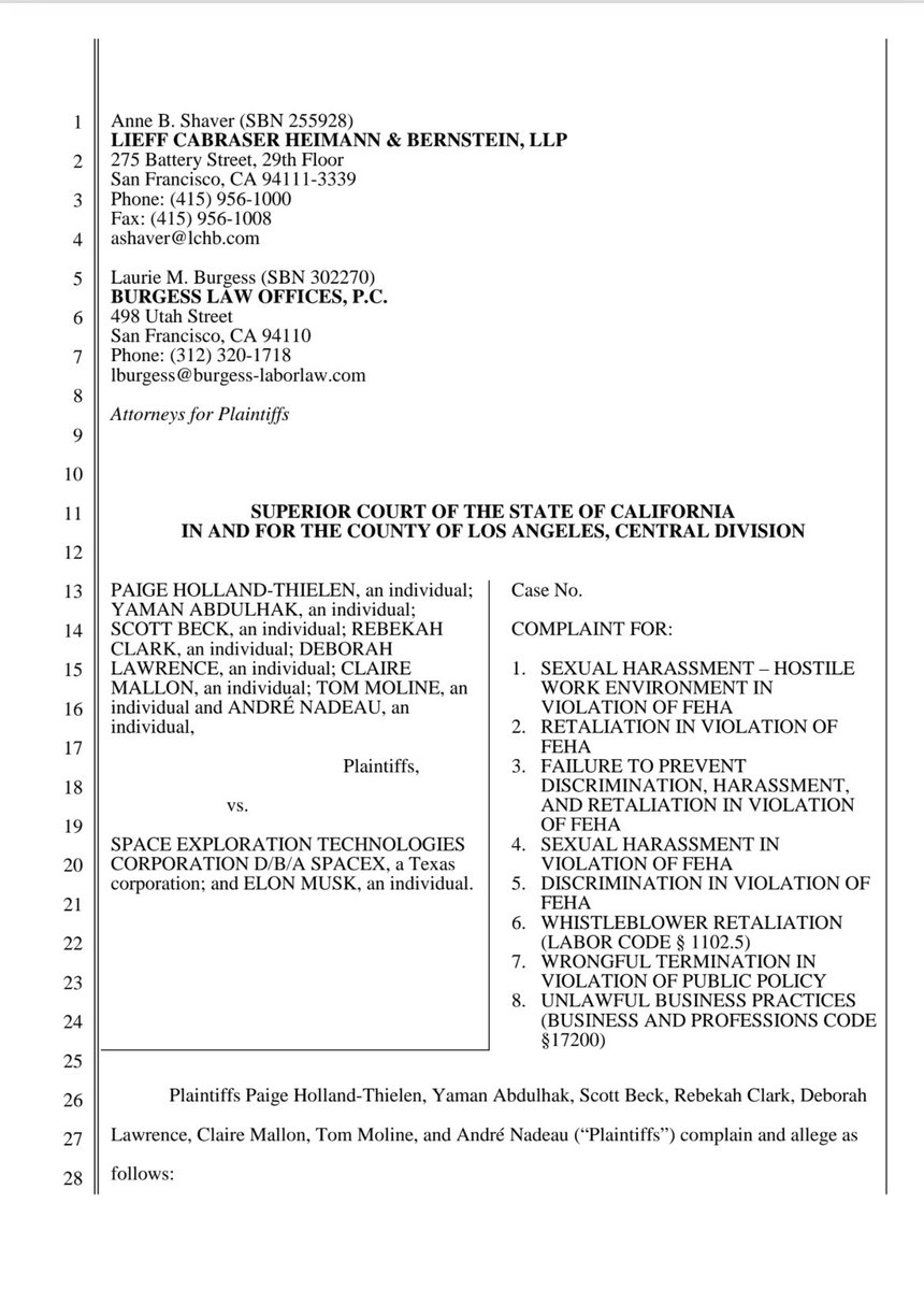 👀👀👀👀

Oh snap!!!!!!!

Elon Musk and SpaceX are being sued by 8 former employees alleging sexual harassment and retaliation.

The plaintiffs said that they were fired after complaining about the alleged sexual harassment at the company.

The lawsuit reads that Elon Musk “runs