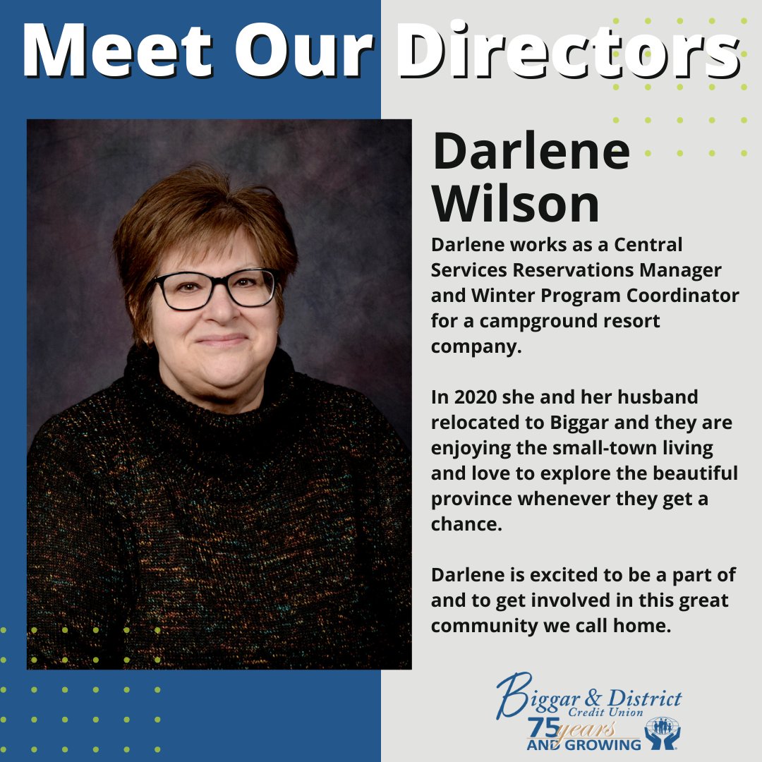 MEET OUR NEW DIRECTORS
Darlene Wilson joined the board in 2024. We are looking forward to hearing her perspective around the table. Welcome, Darlene. 

Meet more of your directors by visiting our website biggarcu.com/en/about-us/wh…