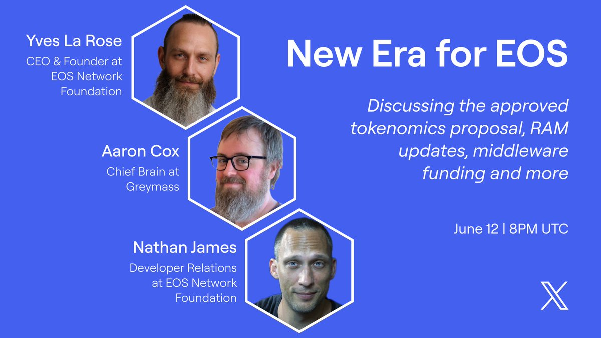 Vaulta (prev. EOS) (@vaulta_) on Twitter photo 🚨 Live Now 🚨
<a href="/BigBeardSamurai/">Yves La Rose</a>, <a href="/nsjames_/">Nathan James</a> and <a href="/Jesta187/">Aaron Cox</a> will be discussing the evolving ecosystem on #EOS 🚀
Come out to learn about
📊 New $EOS Tokenomics
💾 $RAM Updates
🛠️ Middleware Funding
➕ More
Join Now 👇
x.com/i/spaces/1djxX… 🚨 Live Now 🚨
<a href="/BigBeardSamurai/">Yves La Rose</a>, <a href="/nsjames_/">Nathan James</a> and <a href="/Jesta187/">Aaron Cox</a> will be discussing the evolving ecosystem on #EOS 🚀
Come out to learn about
📊 New $EOS Tokenomics
💾 $RAM Updates
🛠️ Middleware Funding
➕ More
Join Now 👇
x.com/i/spaces/1djxX…