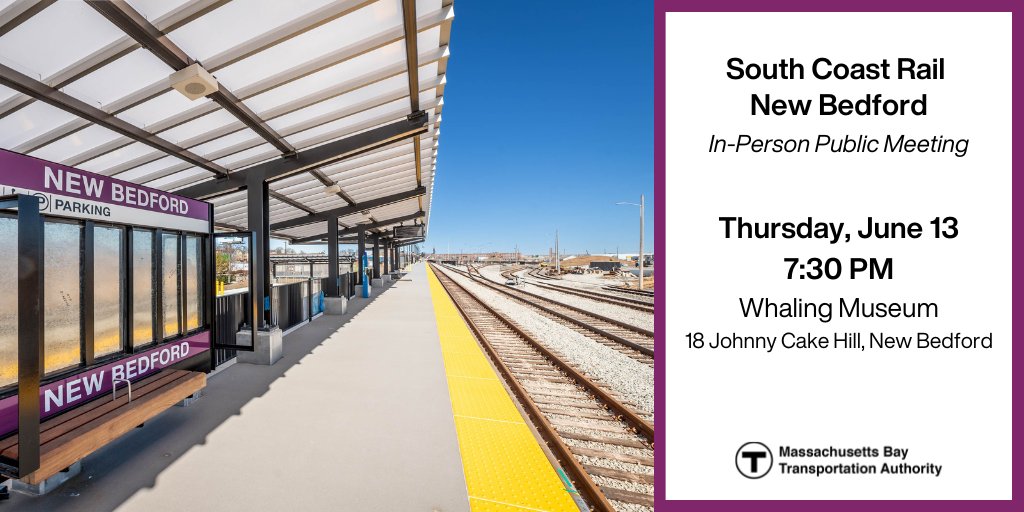 We're holding a New Bedford public meeting for #SouthCoastRail. Join the T, General Manager Eng, and the South Coast Rail project team for an update:
🗓️Thursday, June 13
⏰7:30 PM
📍Whaling Museum - 18 Johnny Cake Hill, New Bedford
ℹ️ow.ly/1RRK50ShlpZ
#BuildingABetterT